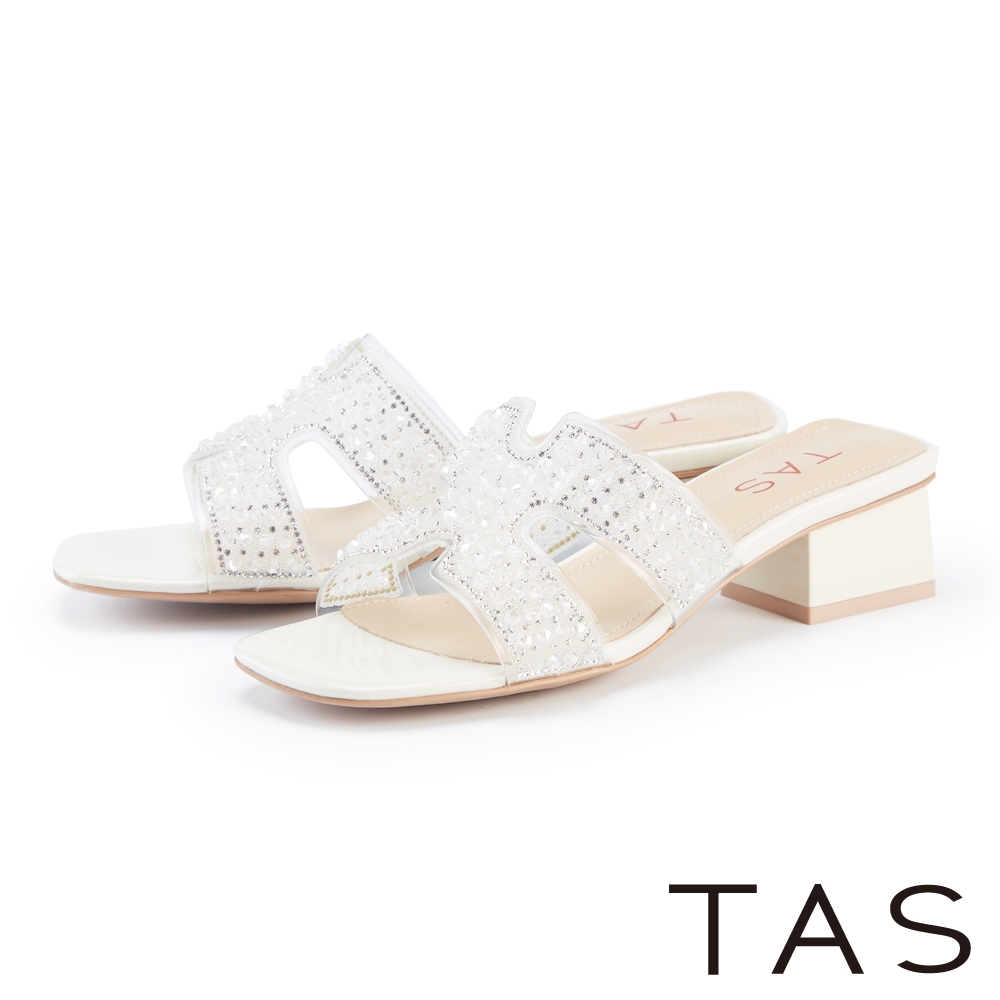 TAS 進口鑽片透膚寬帶中跟拖鞋 白色
