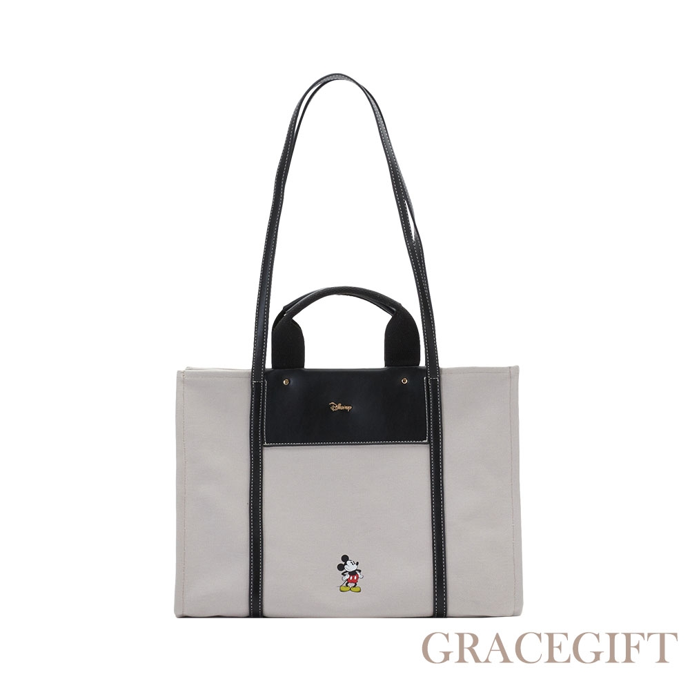 【Grace Gift】】迪士尼米奇款皮革拼接帆布托特包 黑