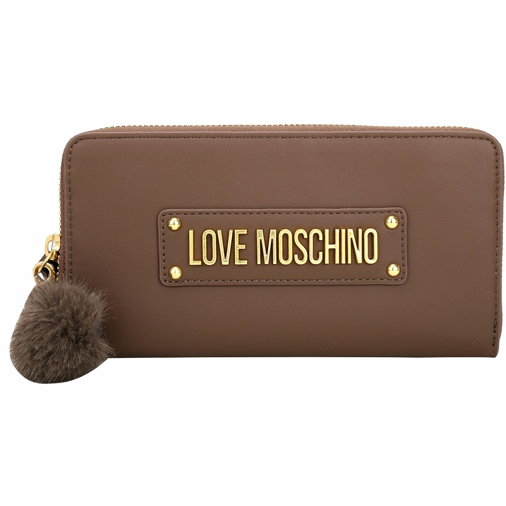 LOVE MOSCHINO 可拆毛球吊飾字母拉鍊長夾(咖啡色)