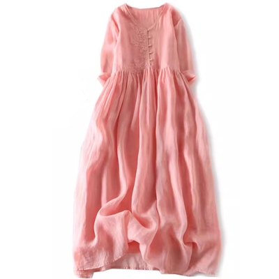 初色 純色V領繡花刺繡短袖寬鬆中長裙連身洋裝連身裙洋裝-粉色-33401(M-2XL可選)