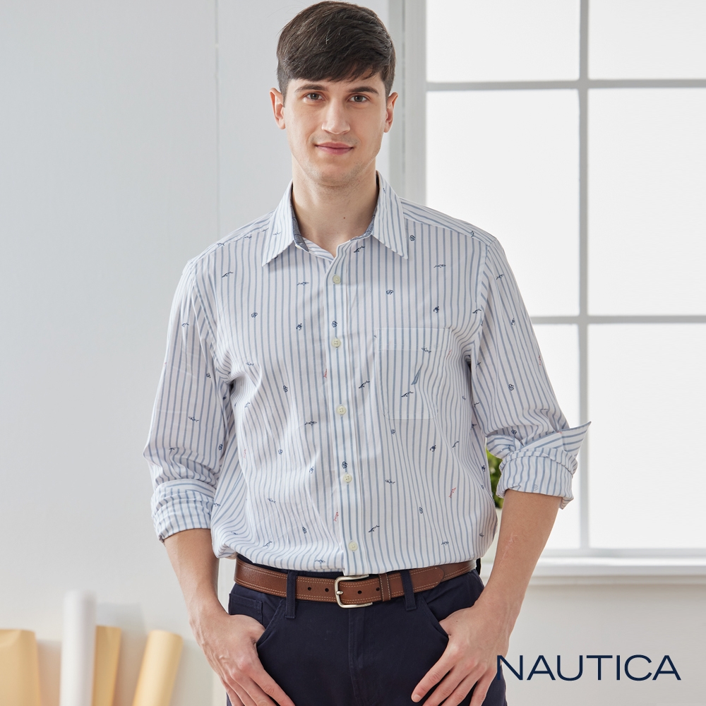 Nautica 男裝 海洋條紋長袖襯衫-白