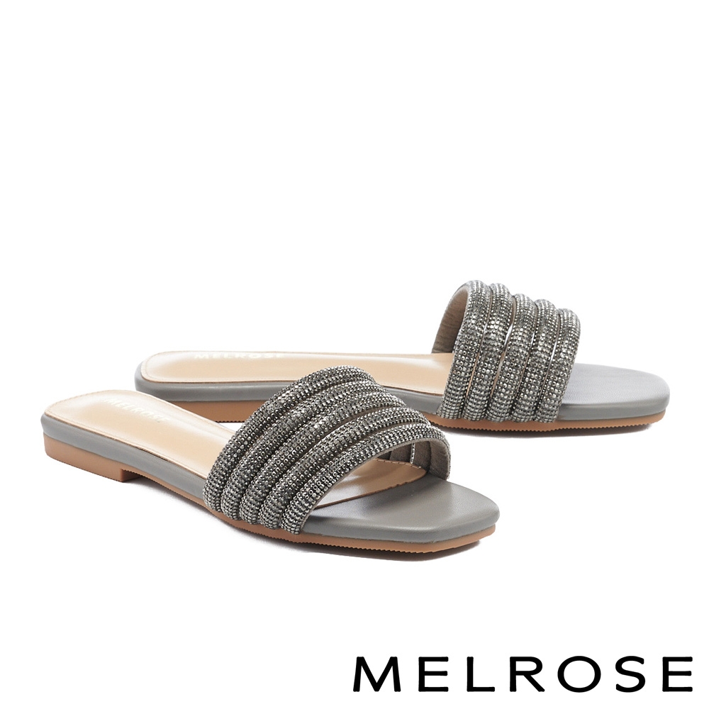 拖鞋 MELROSE 時髦璀璨晶鑽飾帶平底拖鞋－灰