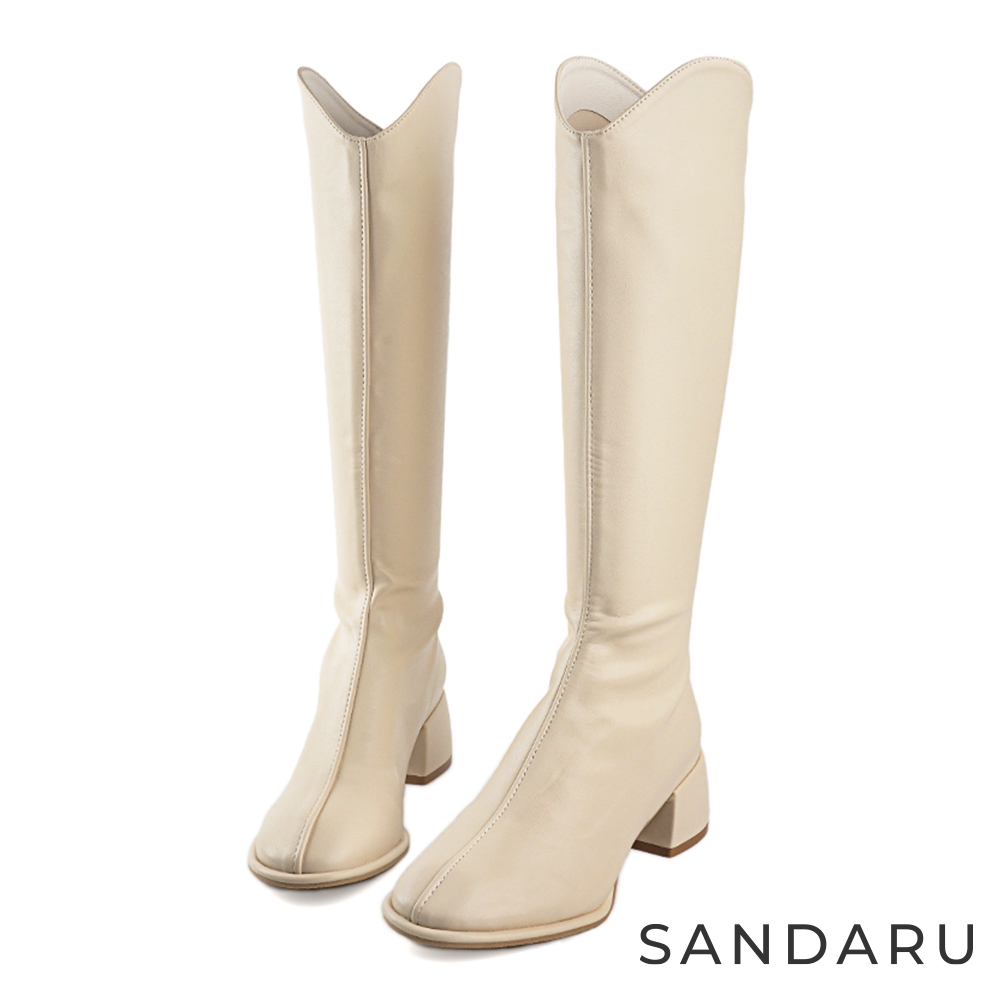 山打努SANDARU-長靴 素面V口中跟顯瘦高筒靴-米