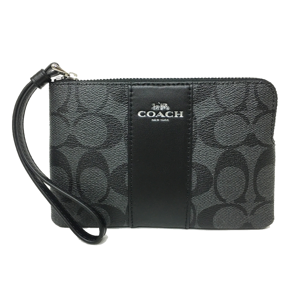 COACH 經典C LOGO直紋零錢手拿包(黑灰)