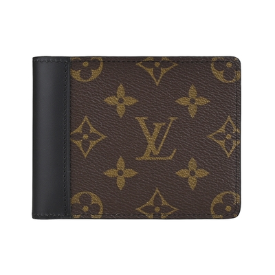 LV M69408 Multiple燙銀LOGO Monogram Macassar帆布拼牛皮5卡對折短夾(咖啡x黑)