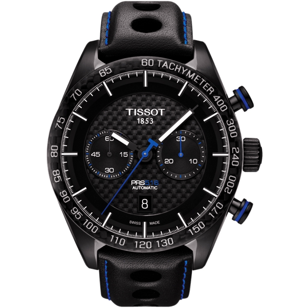 TISSOT 天梭 官方授權 PRS516 系列計時機械皮帶腕錶-黑x藍針/45mm T1004273620100