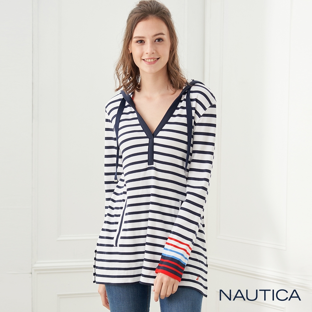 Nautica 女裝V型領口長版條紋連帽T恤-藍白條紋 product image 1