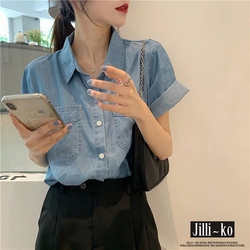 JILLI-KO Polo領中長款寬鬆氣質口袋牛仔襯衫 - 藍色