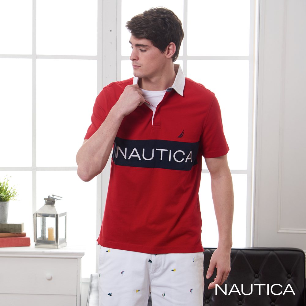 Nautica 撞色拼接LOGO短袖POLO衫-紅