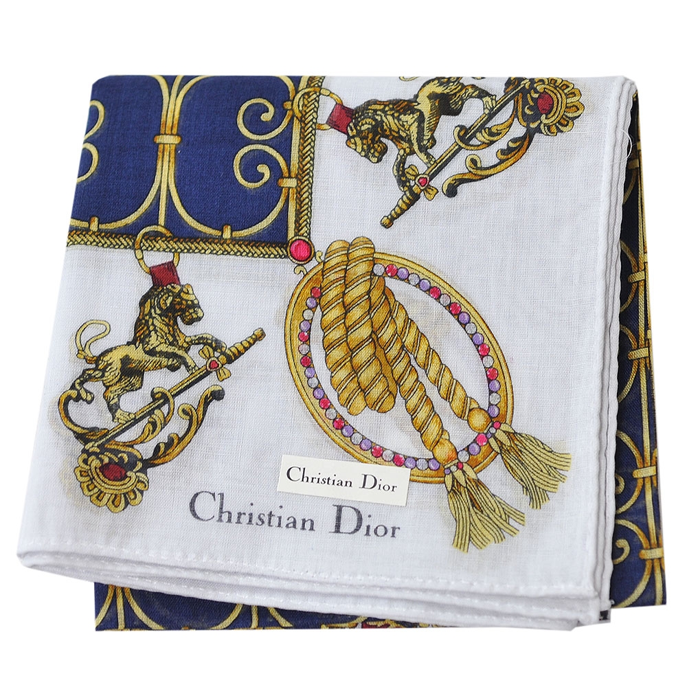 DIOR Christian Dior 100%棉奢華吊飾金屬雕花圖騰品牌字母LOGO帕領巾(深藍底/白邊)