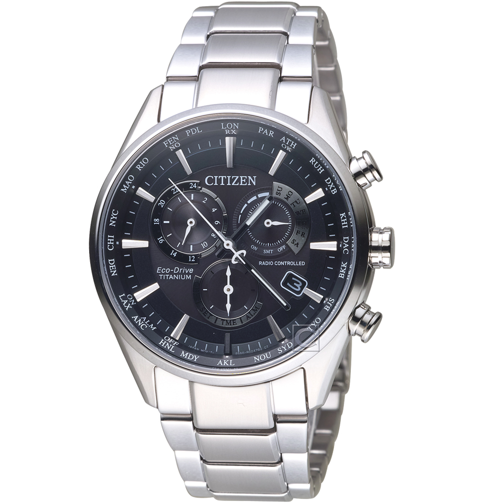 CITIZEN 星辰 時尚電波對時鈦金屬廣告款腕錶(CB5020-87E)-黑灰色