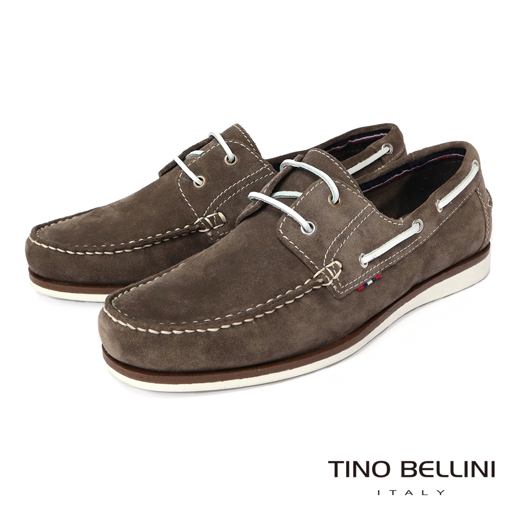 TINO BELLINI 男款牛麂皮撞色鞋帶休閒帆船鞋-綠