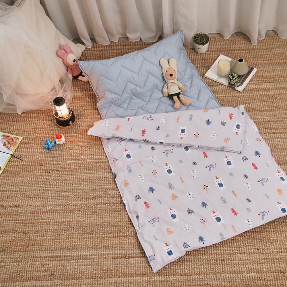 BUHO 便攜式天然純棉透氣雙層紗兒童睡墊四季被三件組-台灣製A/B版設計(小熊莊園)