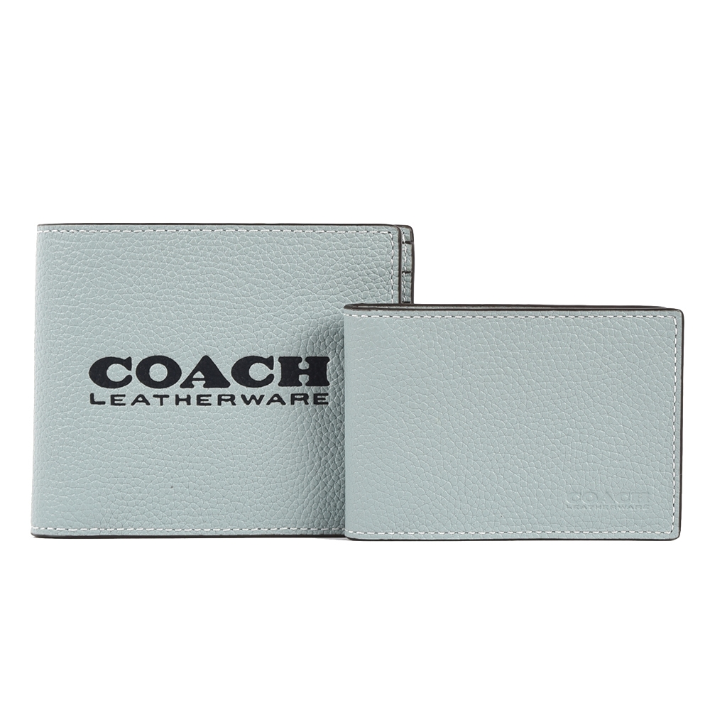 COACH 專櫃款 經典大LOGO壓印荔枝紋皮革 3-IN-1多卡短夾(附獨立證件夾)-水藍