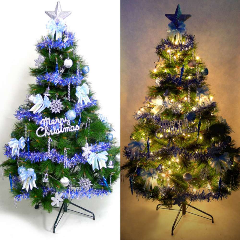 摩達客 12尺特級綠松針葉聖誕樹(藍銀色系配件+100燈鎢絲樹燈8串)