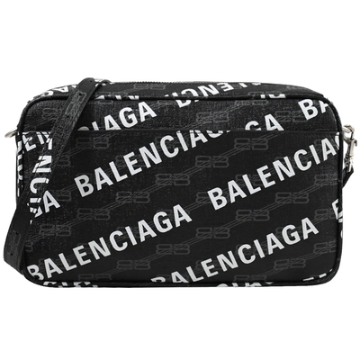 BALENCIAGA Signature 品牌印花造型斜背相機包(黑)