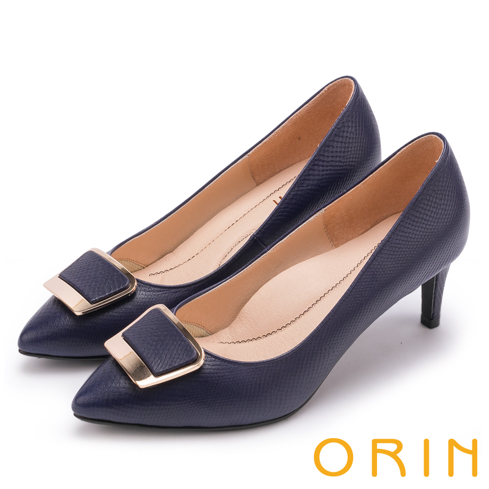 ORIN 典雅氣質 梯形金屬釦環羊皮高跟鞋-藍色