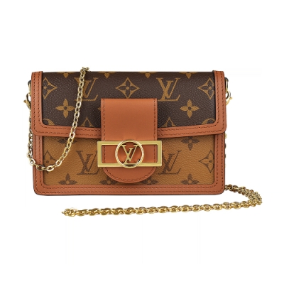 LV M68746 DAUPHINE花紋LOGO Monogram Reverse帆布鏈帶斜背包(棕