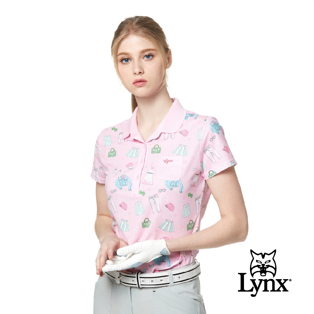 【Lynx Golf】女款吸濕排汗涼感透氣洞洞布小胸袋設計短袖POLO衫-粉色
