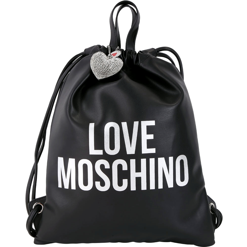 LOVE MOSCHINO 銀字附鑽心吊飾束口皮革後背包(黑色)