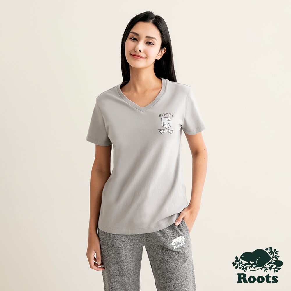 Roots 女裝- ESSENTIAL V領短袖T恤-灰色