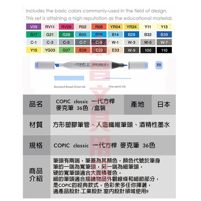 日本原裝進口COPIC classic 第一代方桿麥克筆36色/ 盒裝(原廠公司貨