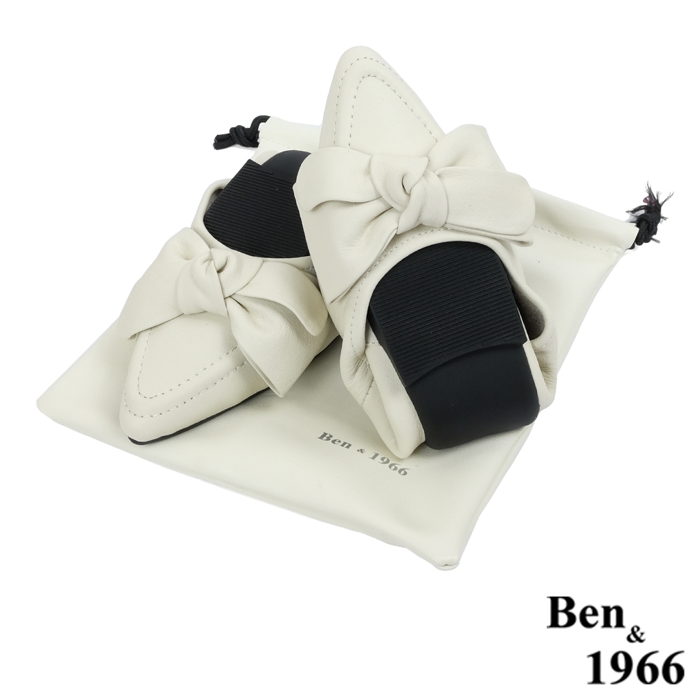 Ben&1966經典頭層牛皮氣質蝴蝶結摺疊鞋-米白(2280022)