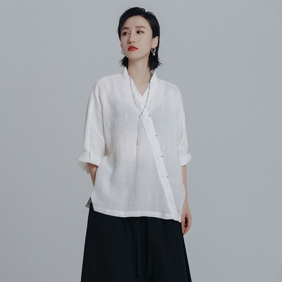 設計所在Style-禪系中國風漢服大V領七分袖亞麻襯衫