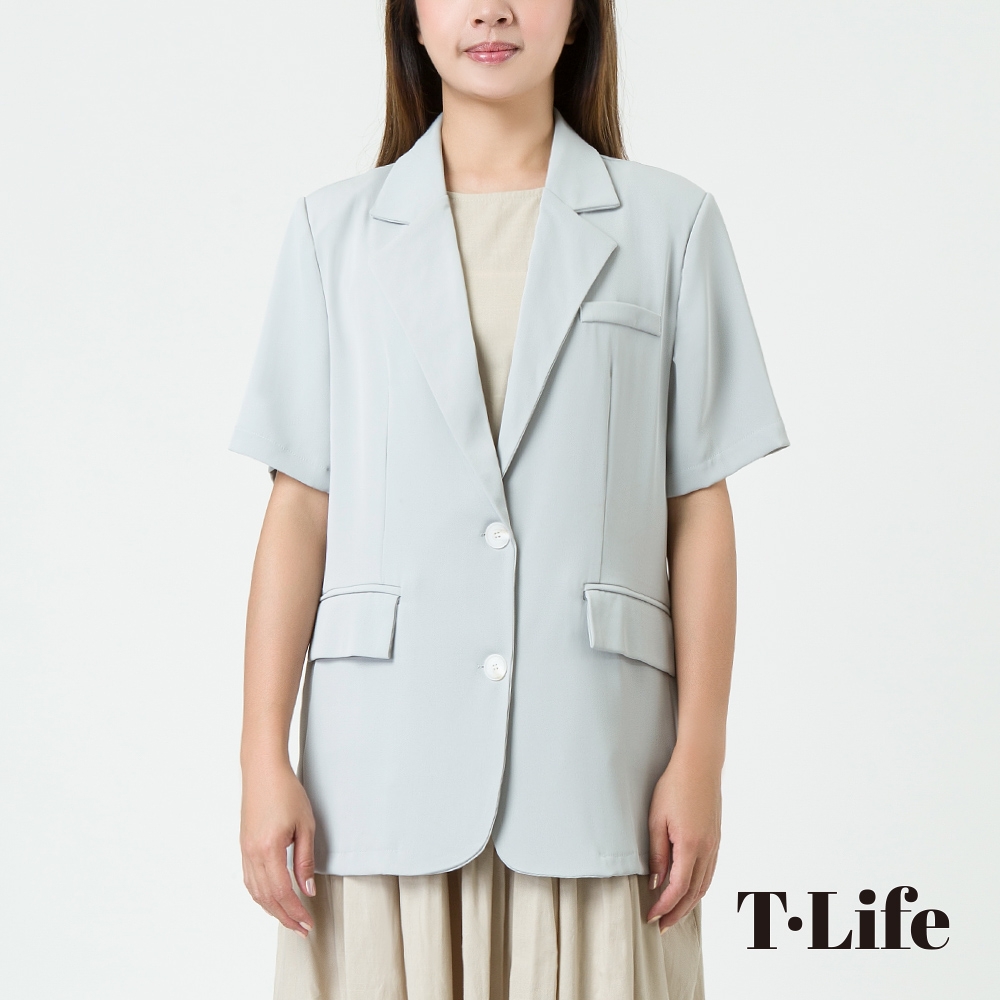 T.Life 韓系簡約薄款寬鬆長版短袖西裝外套(2色)