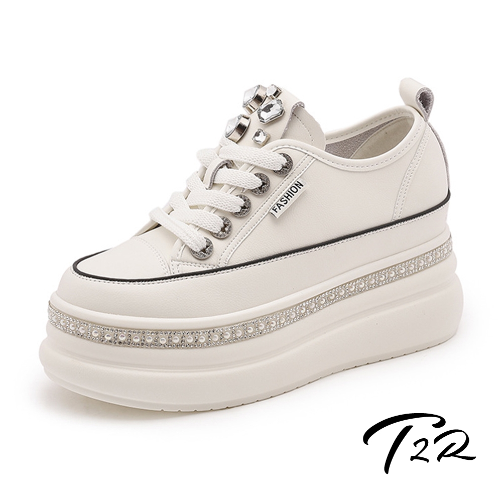 T2R-正韓空運-真皮水鑽貼造型休閒鞋-增高約8公分-黑/白 (白色)