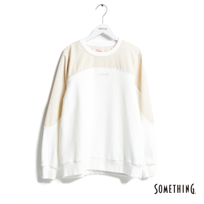 SOMETHING 燈芯絨拼接設計厚長袖T恤-女-米白色