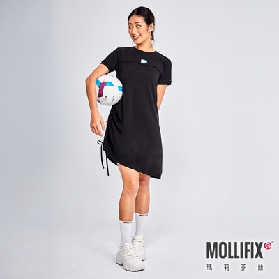 Mollifix 瑪莉菲絲 活力LOGO側抽皺長版連身裙 (黑)、連身裙、運動服、裙子