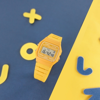 CASIO 卡西歐 方形造型 百搭繽紛 計時碼錶 LED照明 鬧鈴 電子數位 橡膠手錶-黃色/33mm