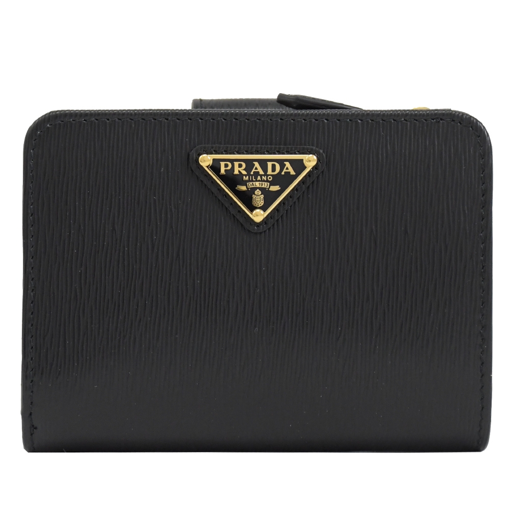 PRADA 三角LOGO水波紋牛皮釦式零錢中短夾(黑)