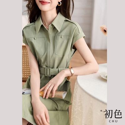 初色 簡約氣質百搭襯衫領口帶收腰短袖連身衣中長裙洋裝-綠色-68835(M-2XL可選)