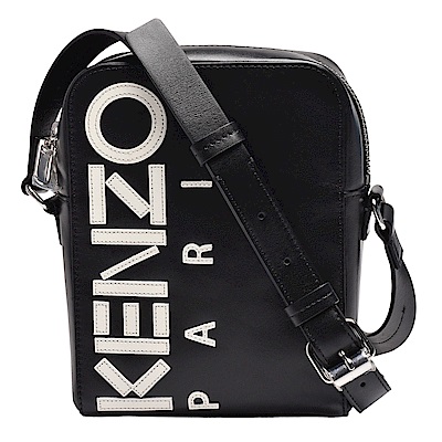 KENZO LOGO系列小牛皮拉鍊斜背包(黑)