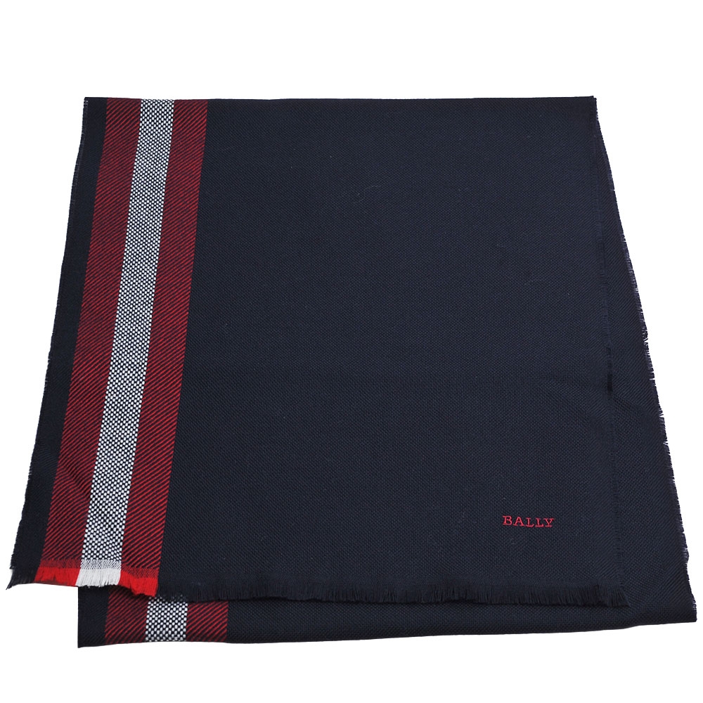 BALLY 義大利製品牌刺繡字母LOGO品牌紅白紅織紋羊毛造型圍巾(深藍)