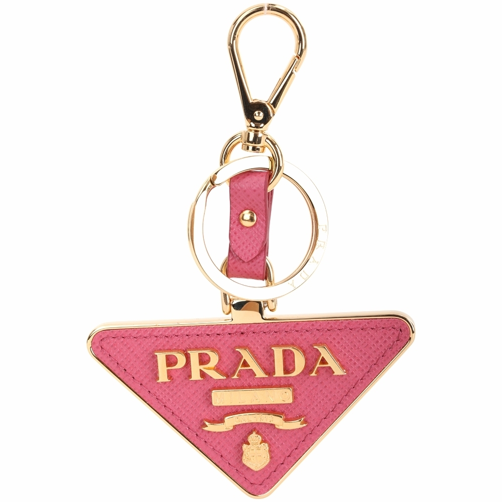 PRADA Saffiano Toys 三角徽標金字防刮牛皮鑰匙圈(粉桃色)