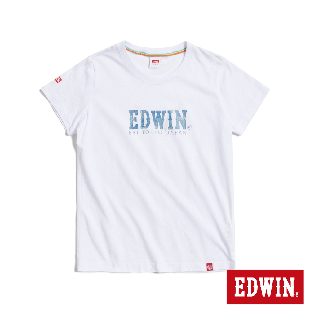 EDWIN 丹寧感印花短袖T恤-女-白色