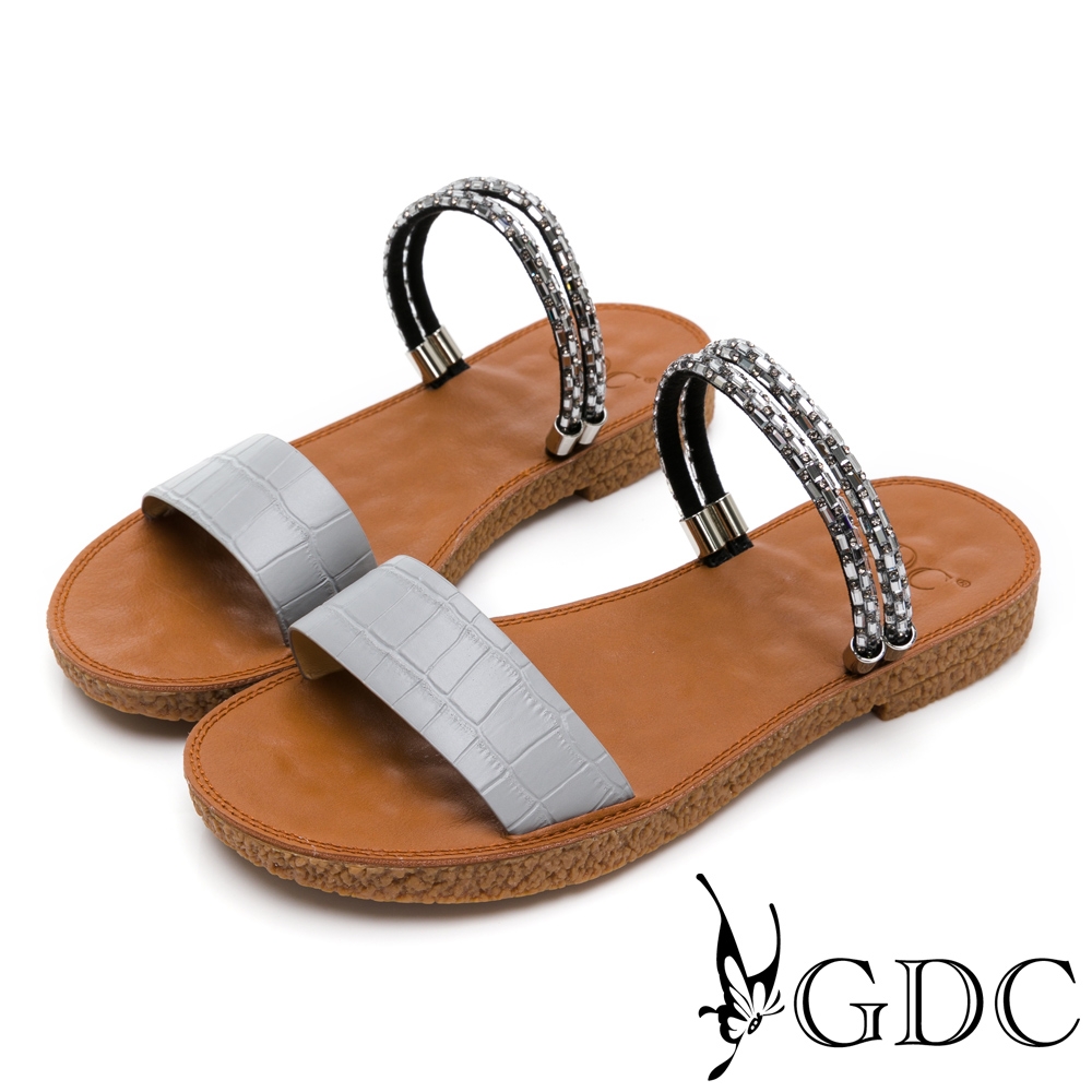 GDC-氣質水鑽石紋設計兩穿式軟Q平底拖鞋-灰色