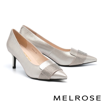 高跟鞋 MELROSE 美樂斯 華麗水鑽造型金屬羊皮尖頭高跟鞋－銀