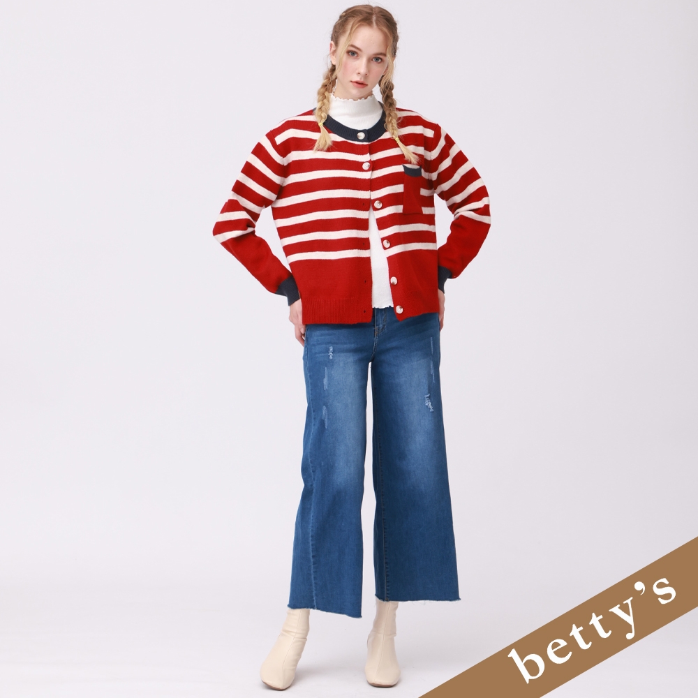 betty’s貝蒂思　輕薄款小刷破鬚邊牛仔寬褲(深藍色)