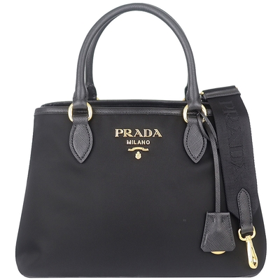 PRADA 黑色尼龍皮邊鑰匙圈吊飾雙層兩用肩背/手提包