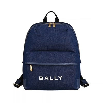 BALLY Bar燙印白字LOGO牛仔帆布拼接牛皮拉鍊後背包(深藍)