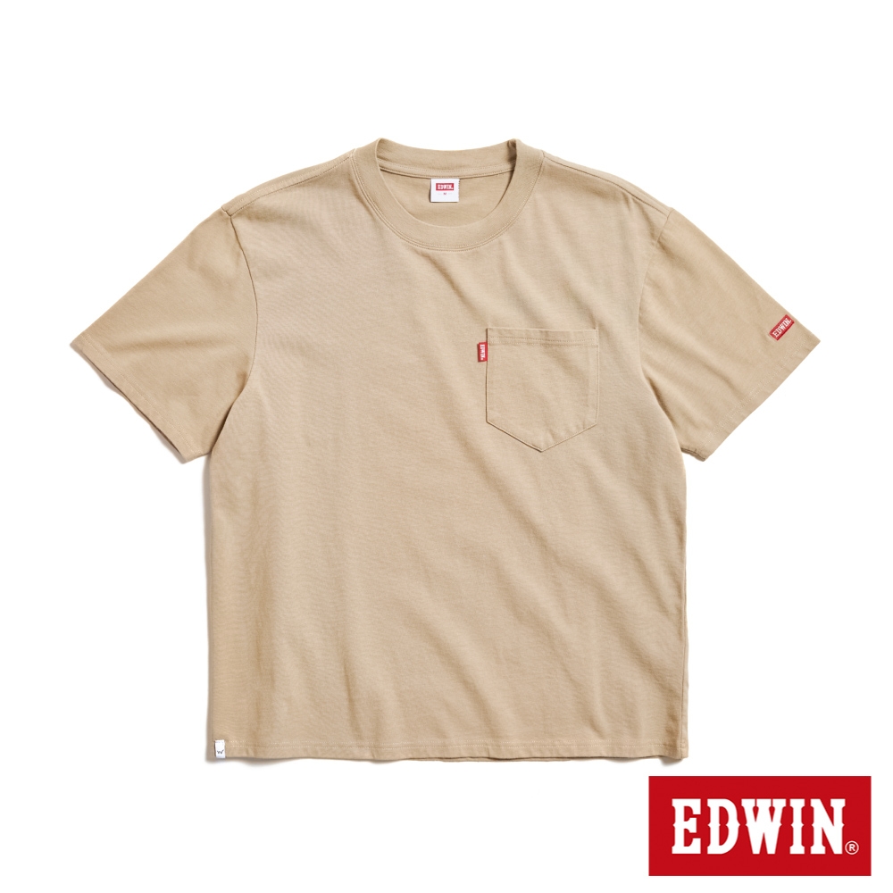 EDWIN 寬版口袋小夾標短袖T恤-男-淺卡其