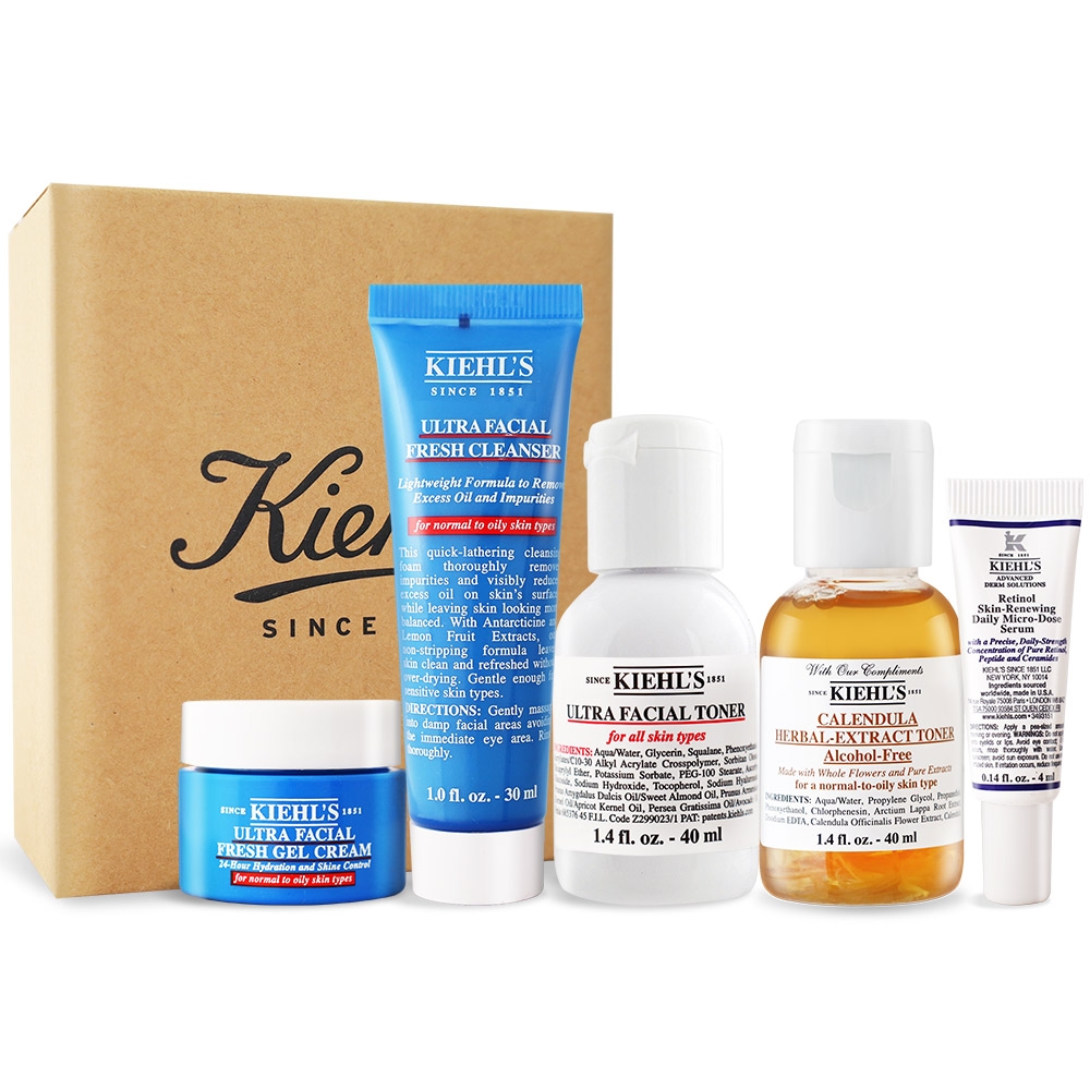 KIEHL'S 契爾氏 嫩膚旅行組5件組[潔面慕斯30ml+水感凝凍14ml+金盞花水40ml+機能水40ml+A醇精華4ml]-國際航空版