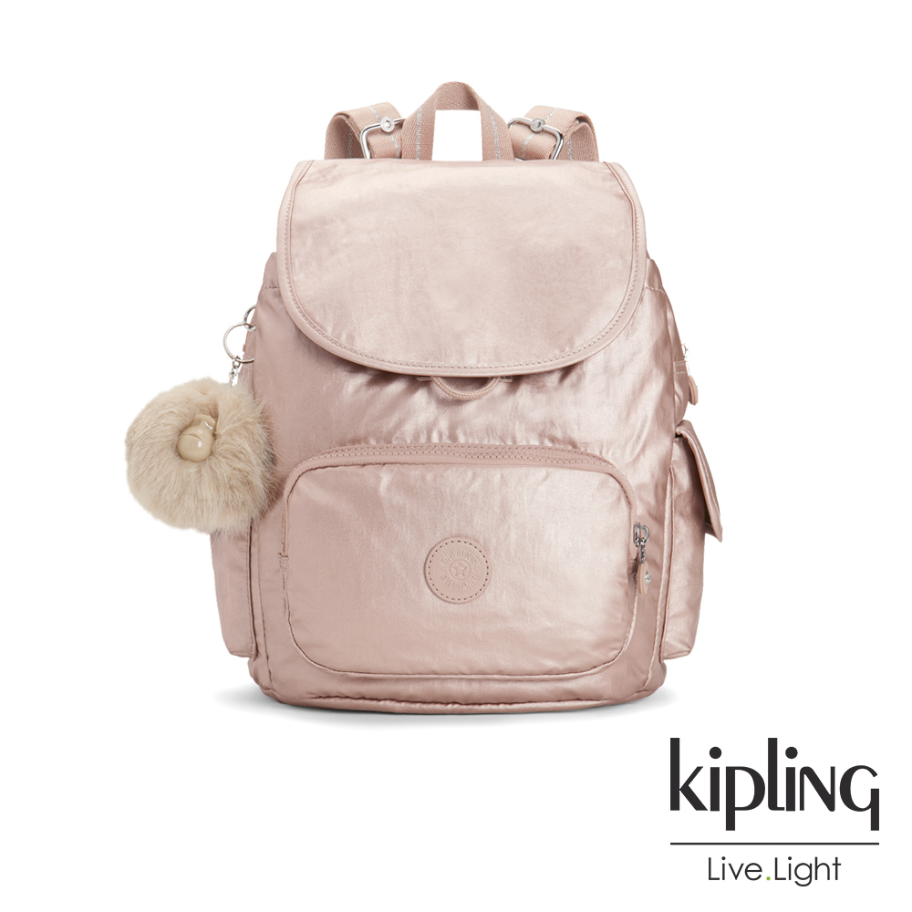 Kipling 金屬光暈微醺粉拉鍊掀蓋後背包-CITY PACK S