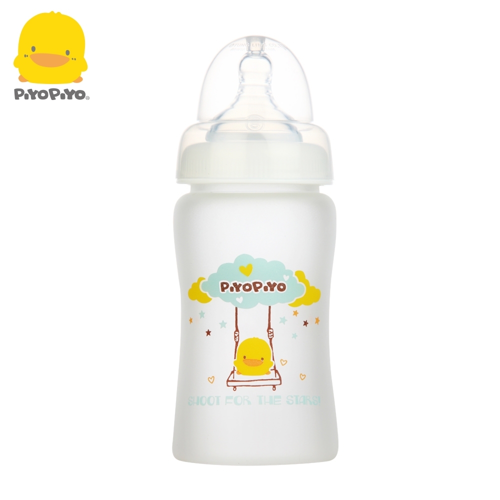 黃色小鴨《PiyoPiyo》360°矽膠防護寬口徑晶鑽玻璃奶瓶180ml