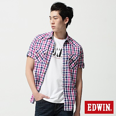 EDWIN 襯衫 竹節休閒格紋短袖襯衫-男-桃紅