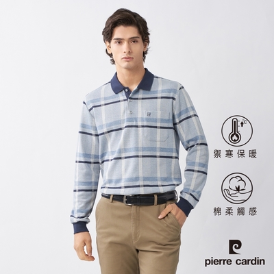 Pierre Cardin皮爾卡登 男款 蓄熱保暖棉質混紡刷毛大格紋長袖POLO衫-水藍(7235279-35)